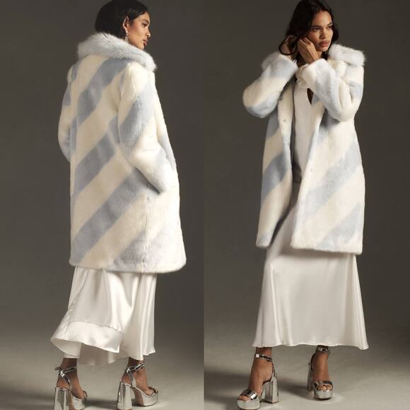 ANTHROPOLOGIE Stripe Faux Fur Coat Jacket Whimsical Gorpcore Glam Blue Ivory - Picture 2 of 15